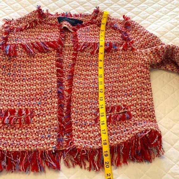 ZARA Boho blazer jacket frayed fringe tweed influencer fave red white sz medium - Picture 2 of 8